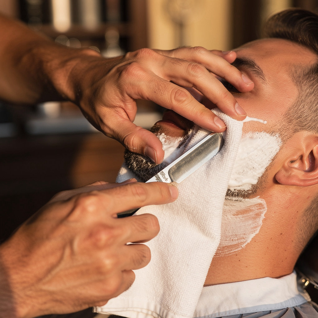 Alowi's Barber & Shave professional barber performing a traditional hot towel shave in Santa Barbara